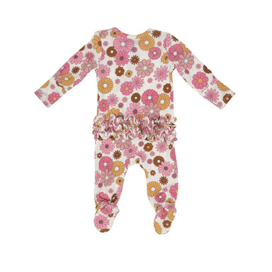 back of white ruffle zipper footie with pink, yellow and brown retro floral print