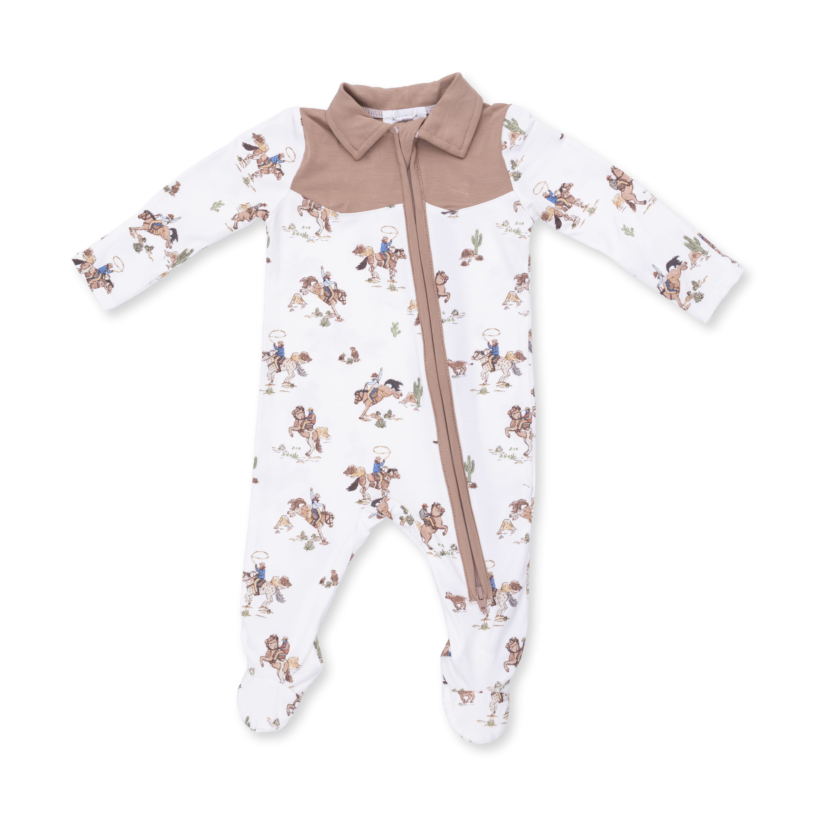 Baby onesie with horse wrangler pattern and brown collar on a white background