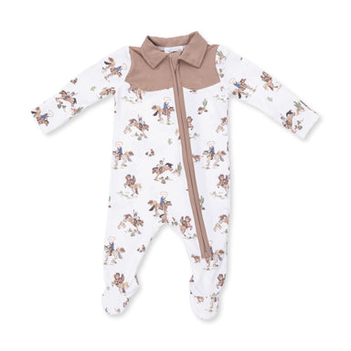 Baby onesie with horse wrangler pattern and brown collar on a white background