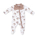 Baby onesie with horse wrangler pattern and brown collar on a white background