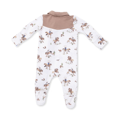 Baby onesie with cowboy print on a white background