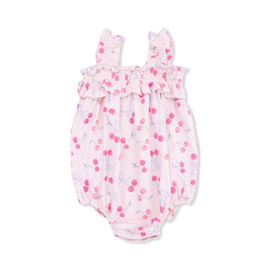 Baby romper with cherry pattern on a white background
