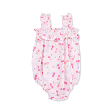 Baby romper with pink floral pattern on a white background