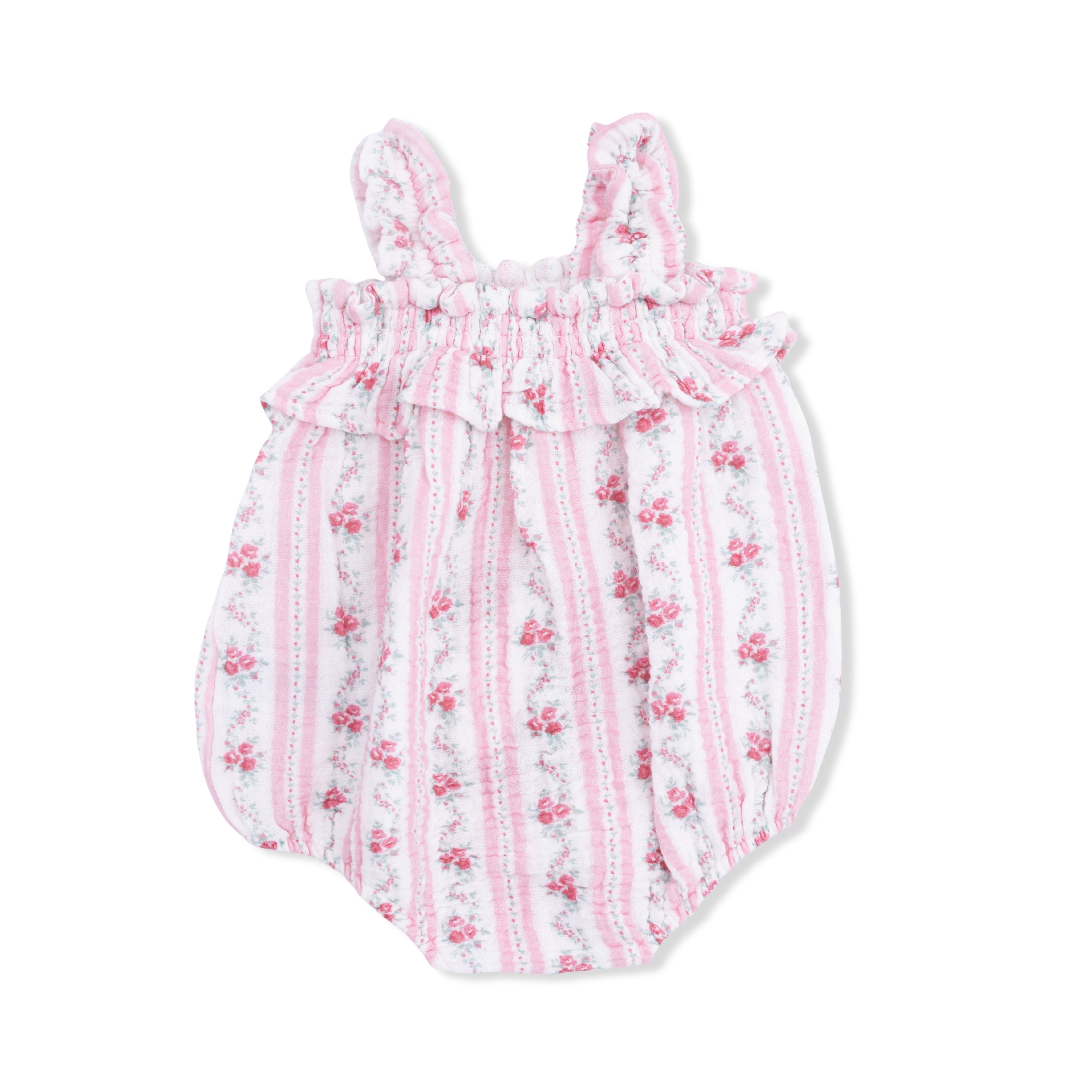Pink floral baby romper on a white background