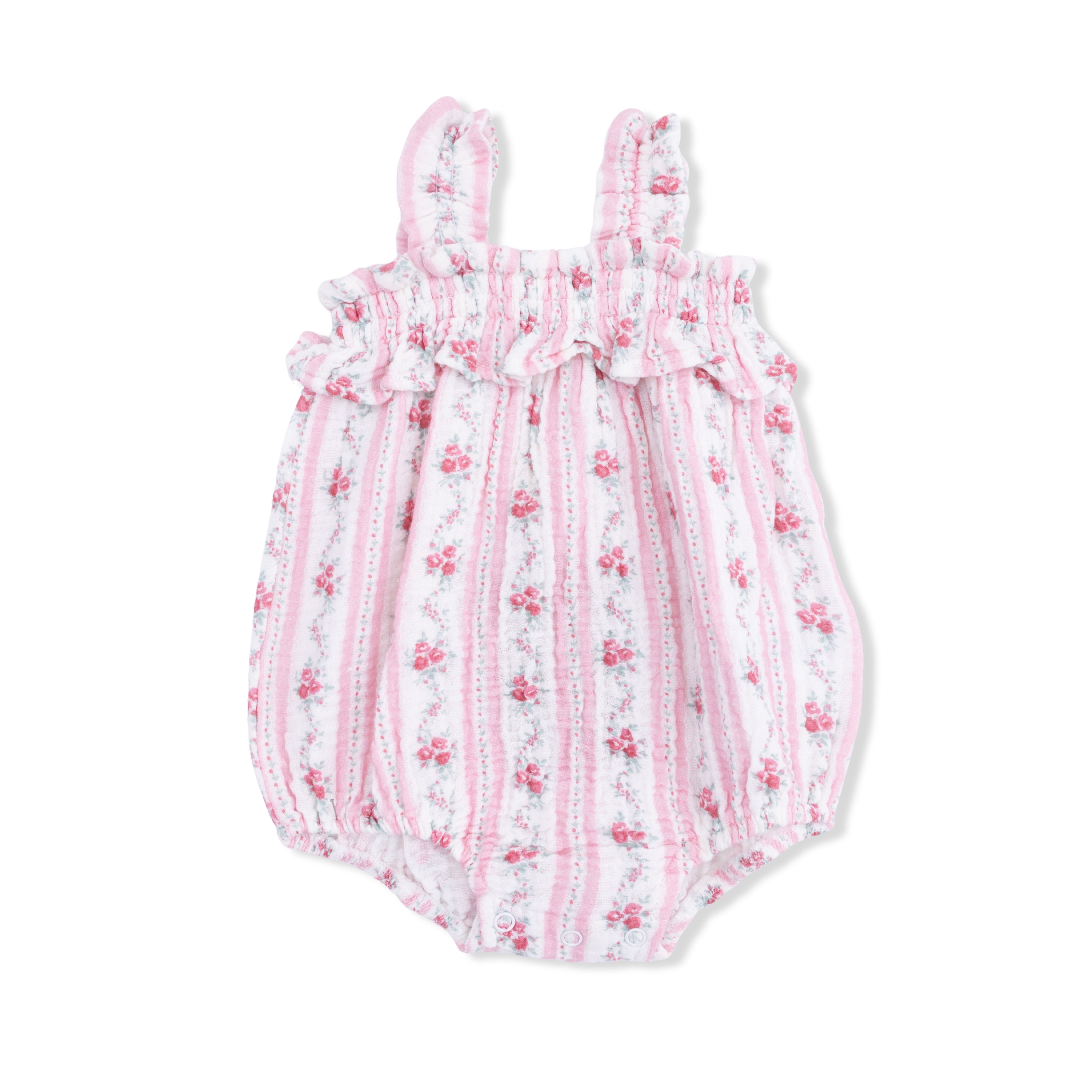 Baby romper with pink floral pattern on a white background