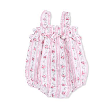 Baby romper with pink floral pattern on a white background