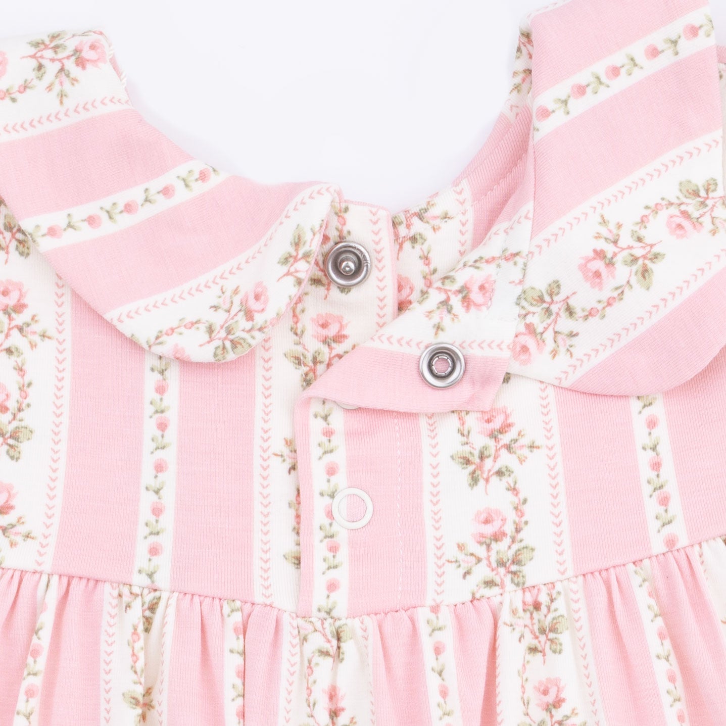 Close-up of a pink floral dress with buttons and ruffled details.