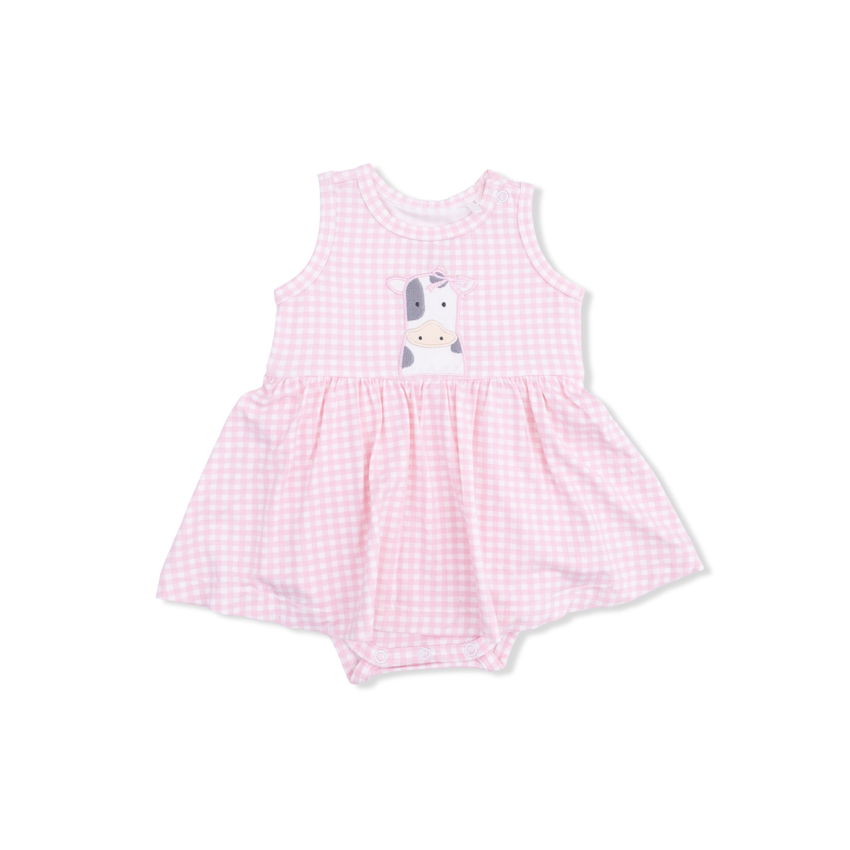 Pink checkered baby romper with a cow design on a white background