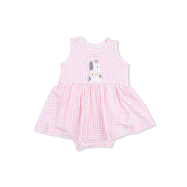 Pink checkered baby romper with a cow design on a white background