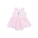 Pink checkered baby romper with a cow design on a white background