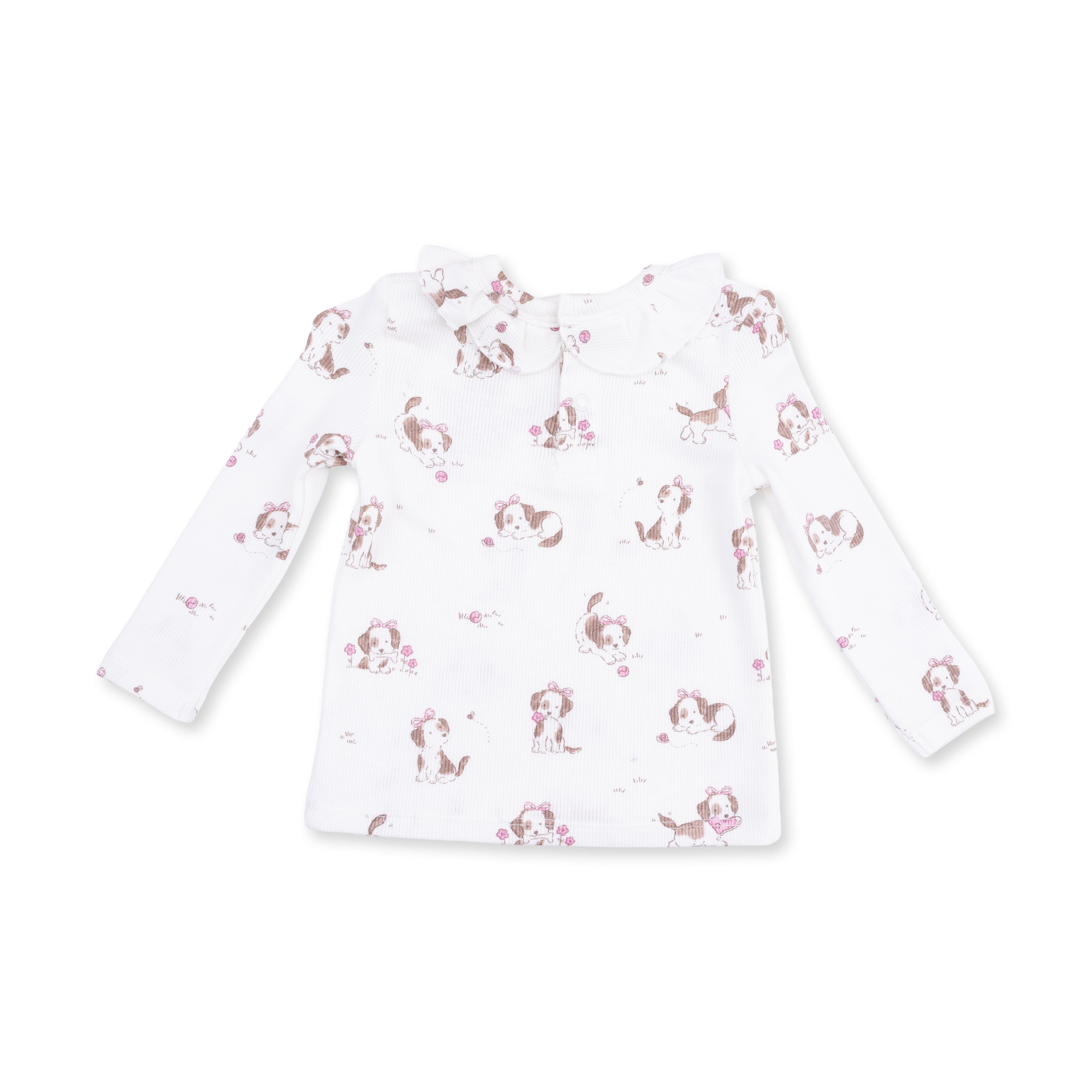 White long-sleeve shirt with dog pattern on a white background
