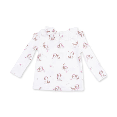 White long-sleeve shirt with dog pattern on a white background