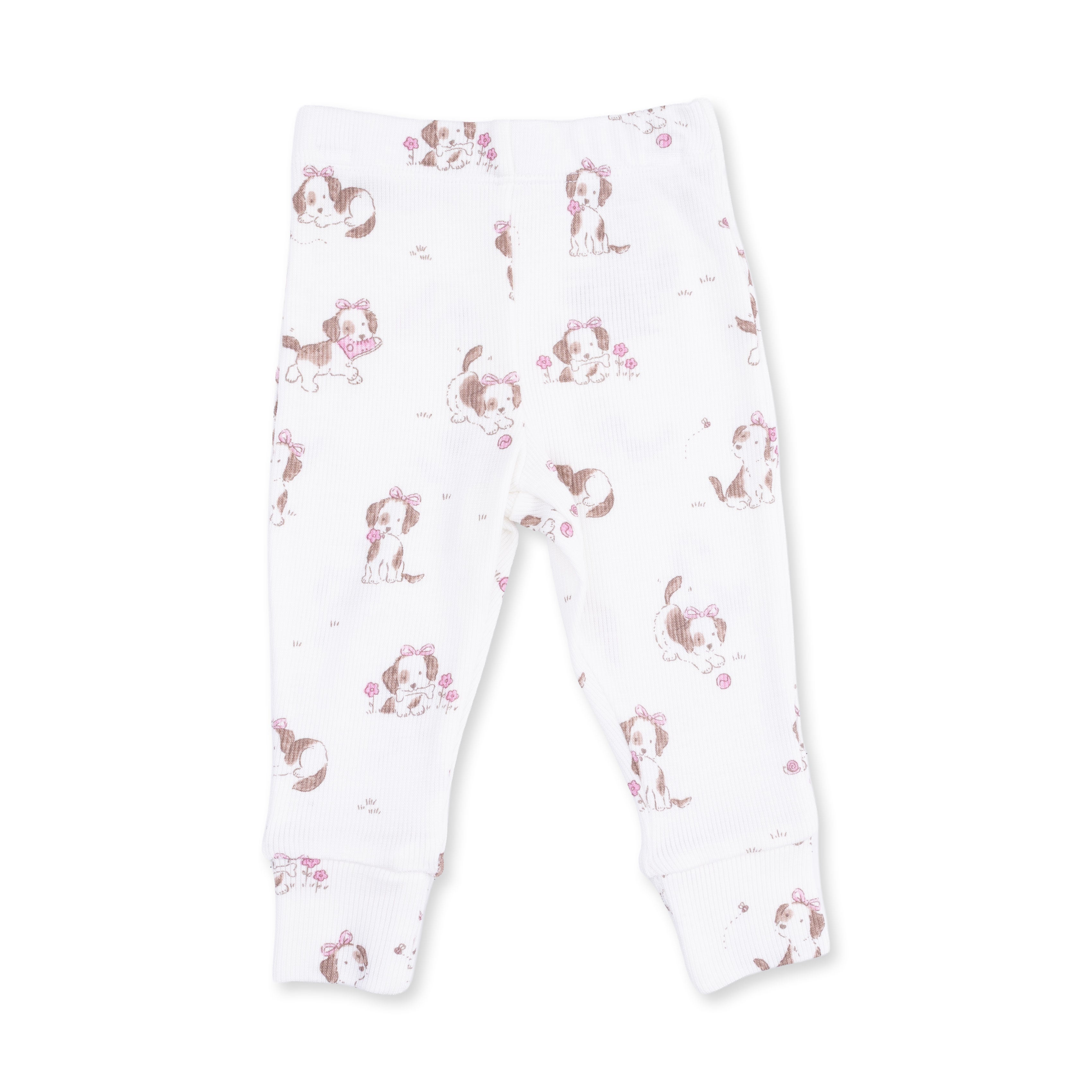 White baby leggings with pink dog pattern on a white background