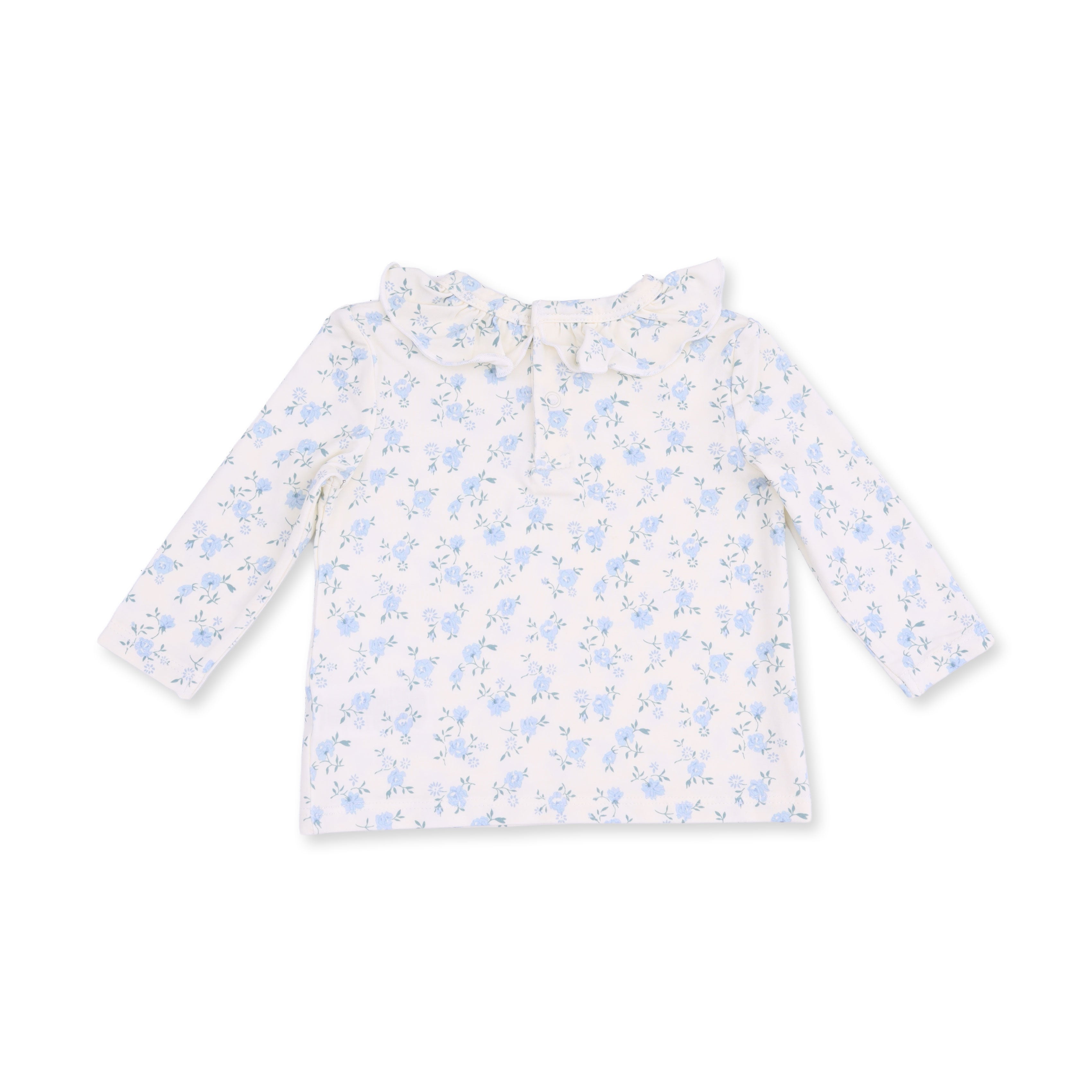 White long-sleeve shirt with blue floral pattern on a white background