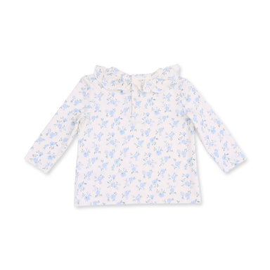 White long-sleeve shirt with blue floral pattern on a white background