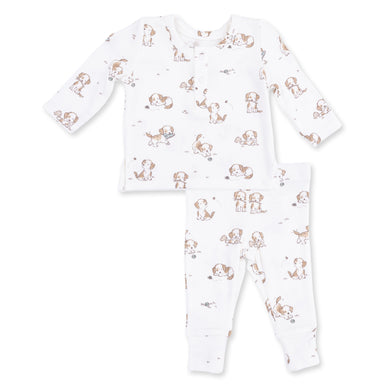 Baby two piece set with dog pattern on a white background