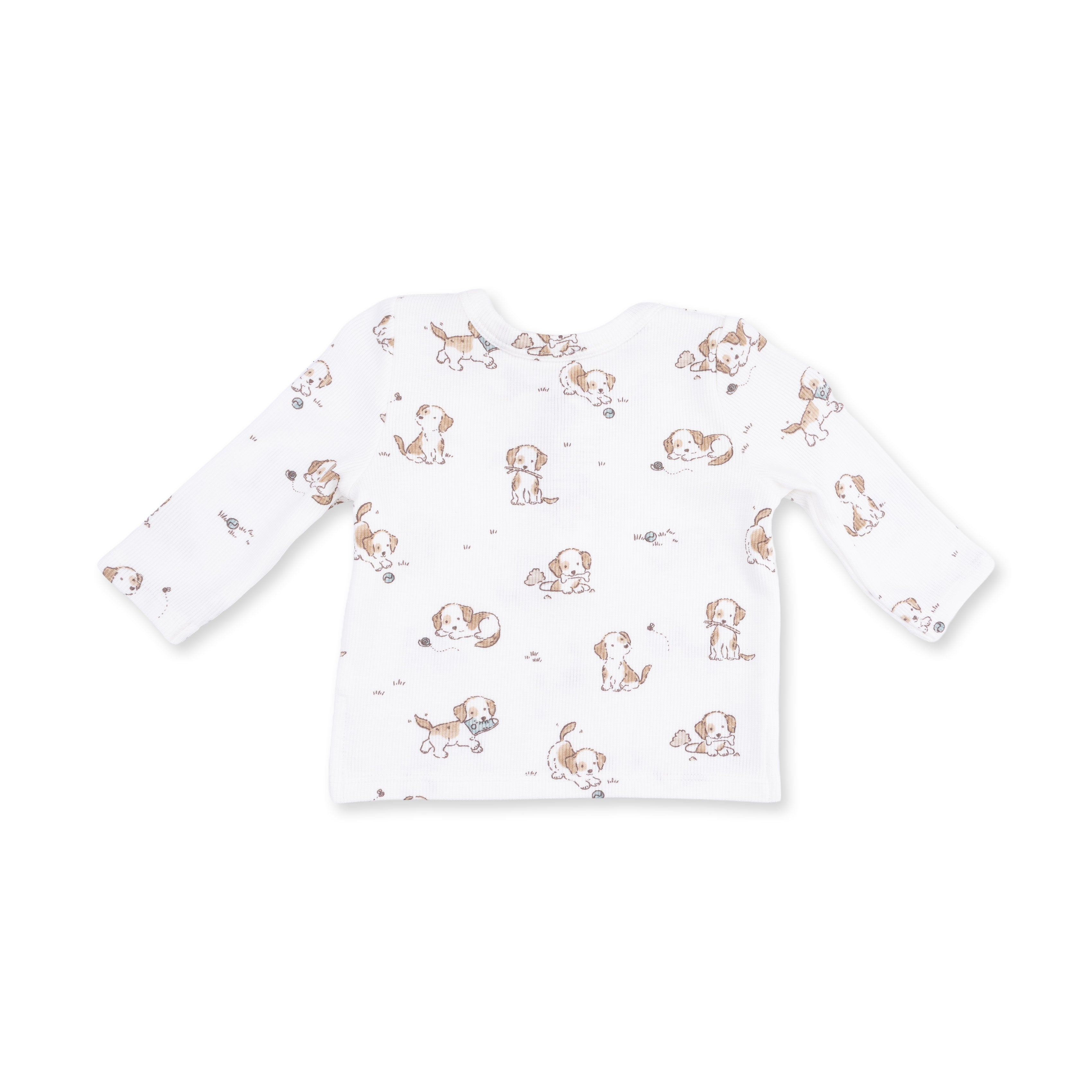 White long-sleeve shirt with dog pattern on a white background