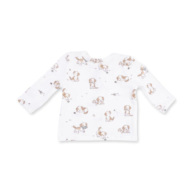 White long-sleeve shirt with dog pattern on a white background