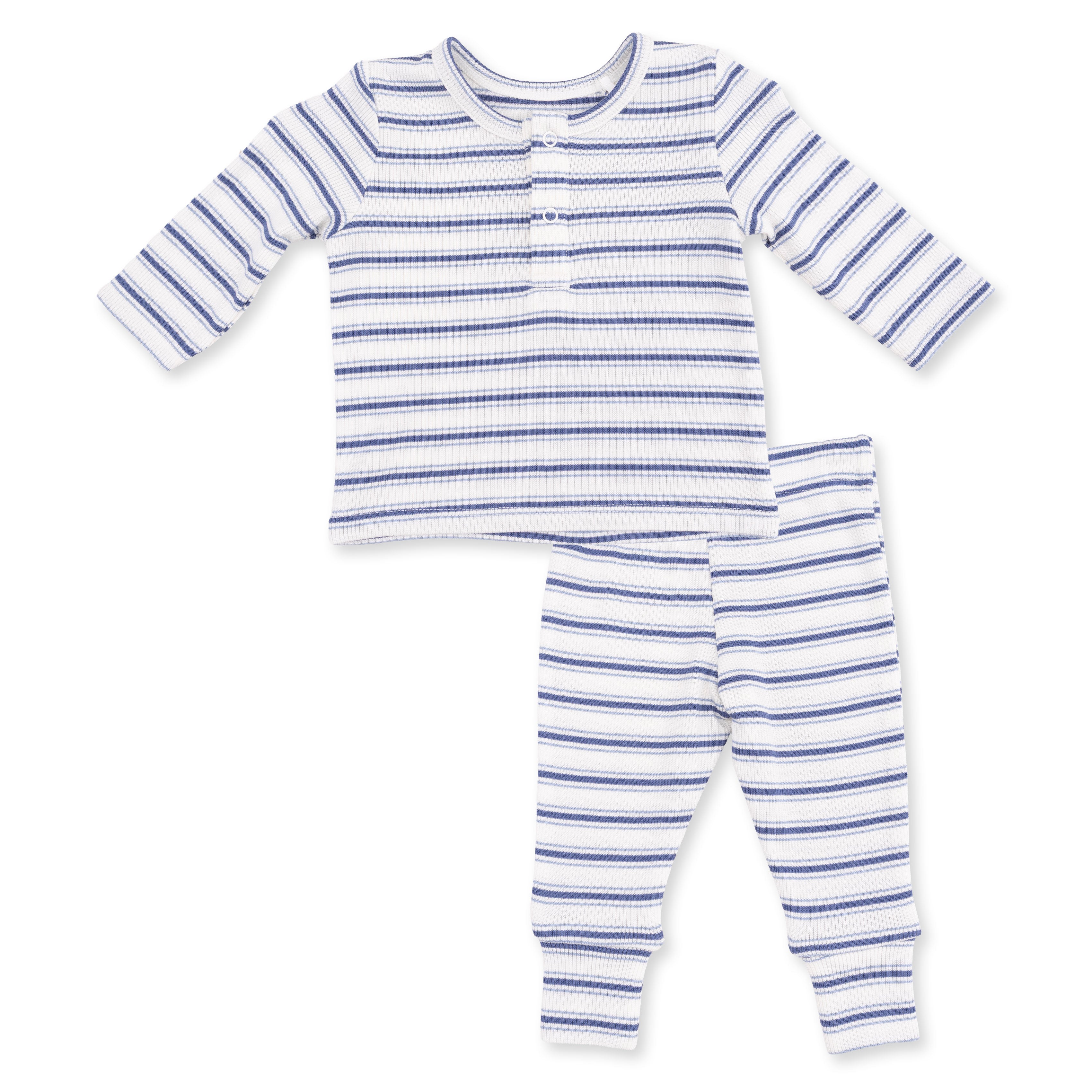 Blue and white striped two piece set on a white background