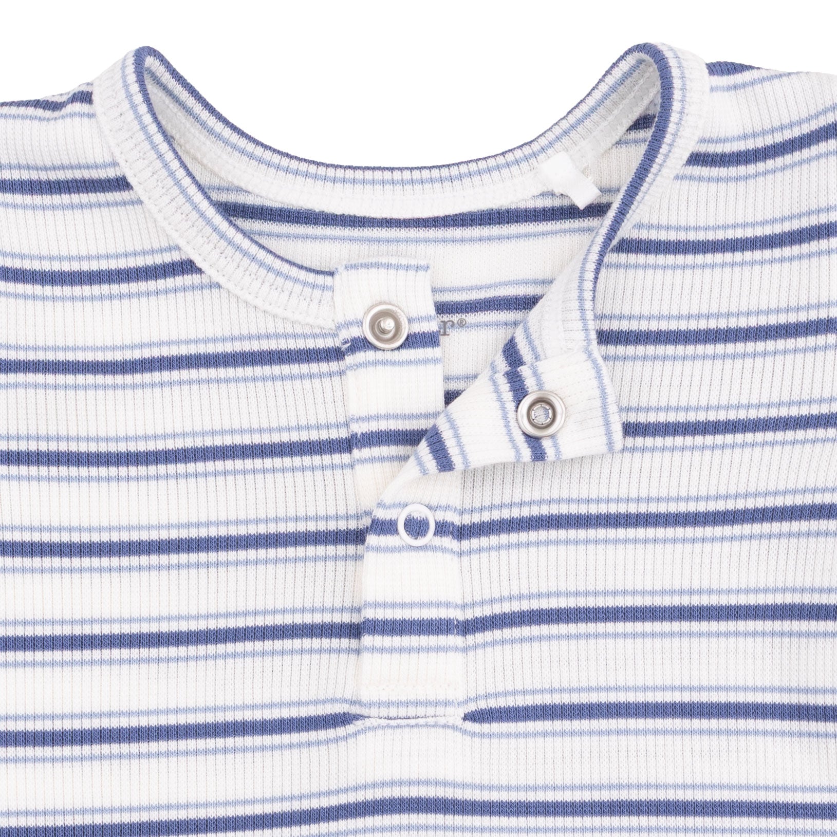 Close-up of a baby outfit with blue and white stripes and button details.