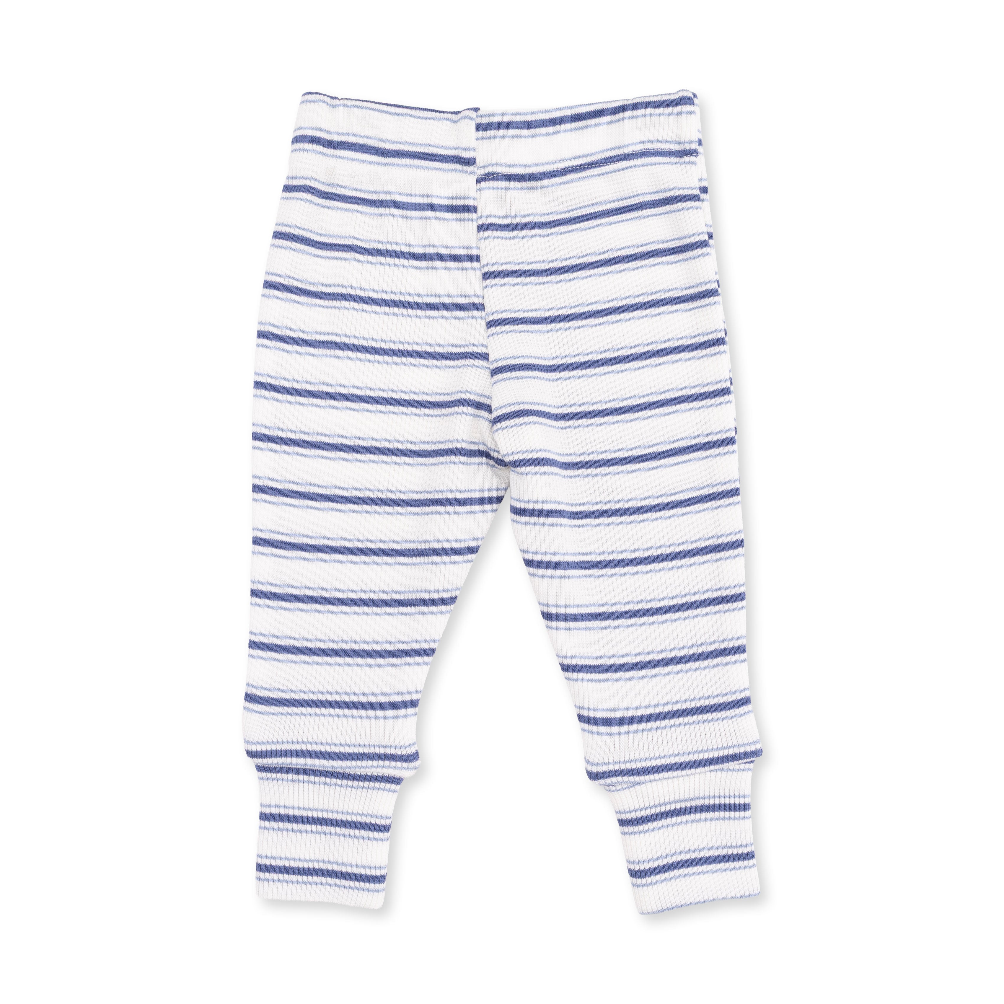 Striped baby leggings with blue and white stripes on a white background
