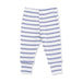 Striped baby leggings with blue and white stripes on a white background