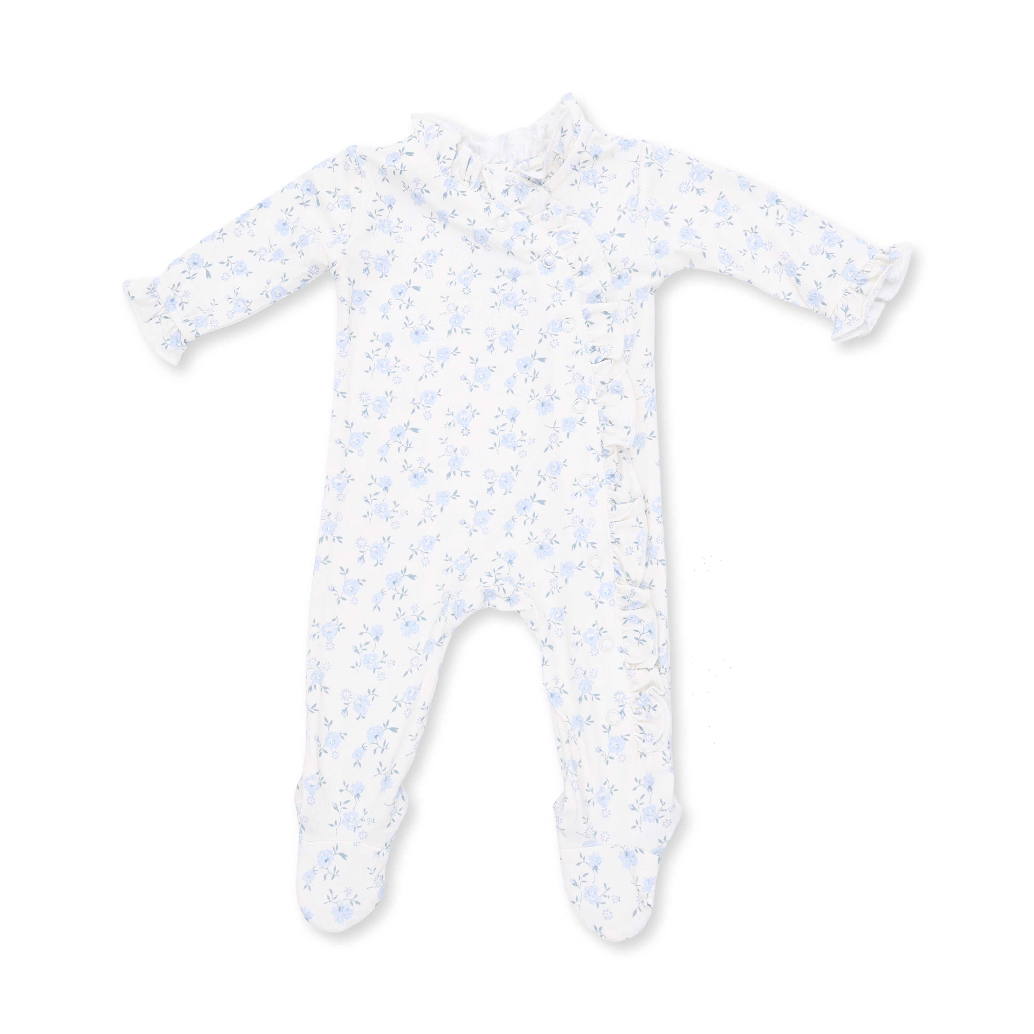 A baby long-sleeve footed sleeper in white with a light blue floral pattern, displayed flat against a white background.