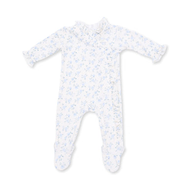 A baby long-sleeve footed sleeper in white with a light blue floral pattern, displayed flat against a white background.
