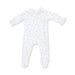 A baby long-sleeve footed sleeper in white with a light blue floral pattern, displayed flat against a white background.