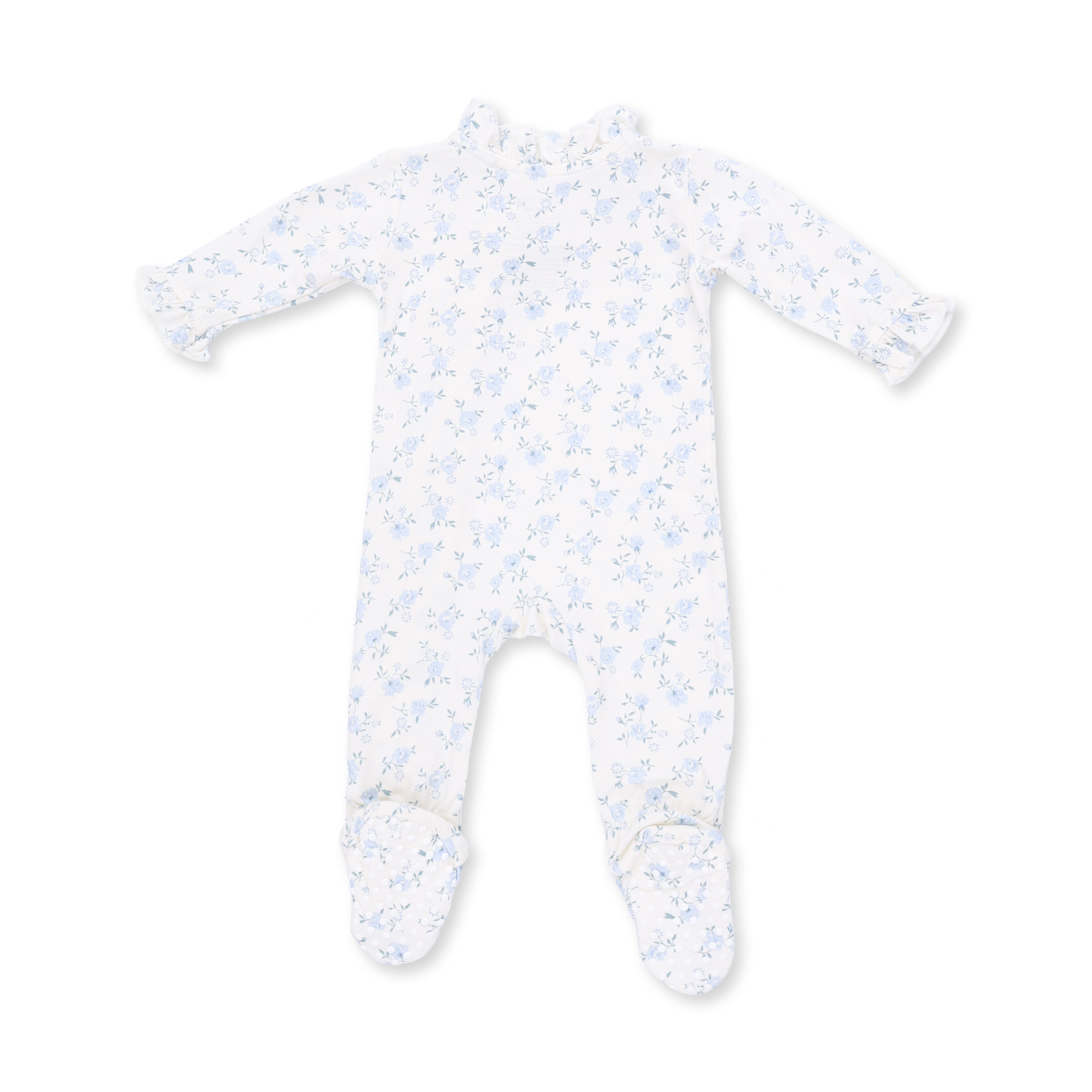A long-sleeve footed baby jumpsuit in white with a delicate light blue floral pattern, displayed flat against a white background.