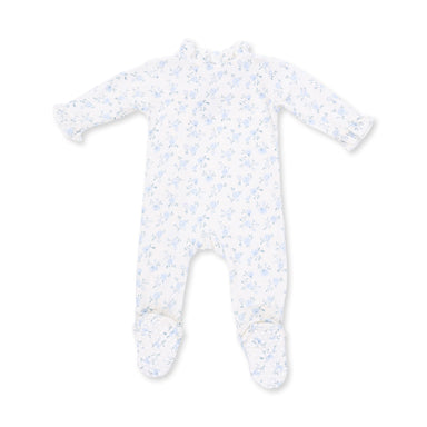 A long-sleeve footed baby jumpsuit in white with a delicate light blue floral pattern, displayed flat against a white background.