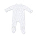 A long-sleeve footed baby jumpsuit in white with a delicate light blue floral pattern, displayed flat against a white background.