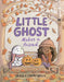 Book cover of 'Little Ghost Makes a Friend' with a ghost and child sitting on a bench with pumpkins.