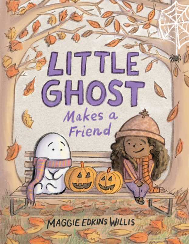Book cover of 'Little Ghost Makes a Friend' with a ghost and child sitting on a bench with pumpkins.