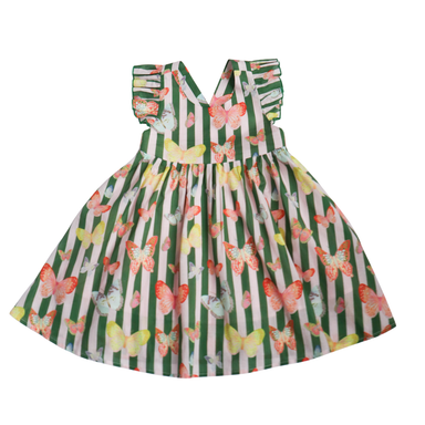 Children's dress with butterfly and green striped pattern on a white background