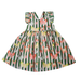 Children's dress with butterfly and green striped pattern on a white background