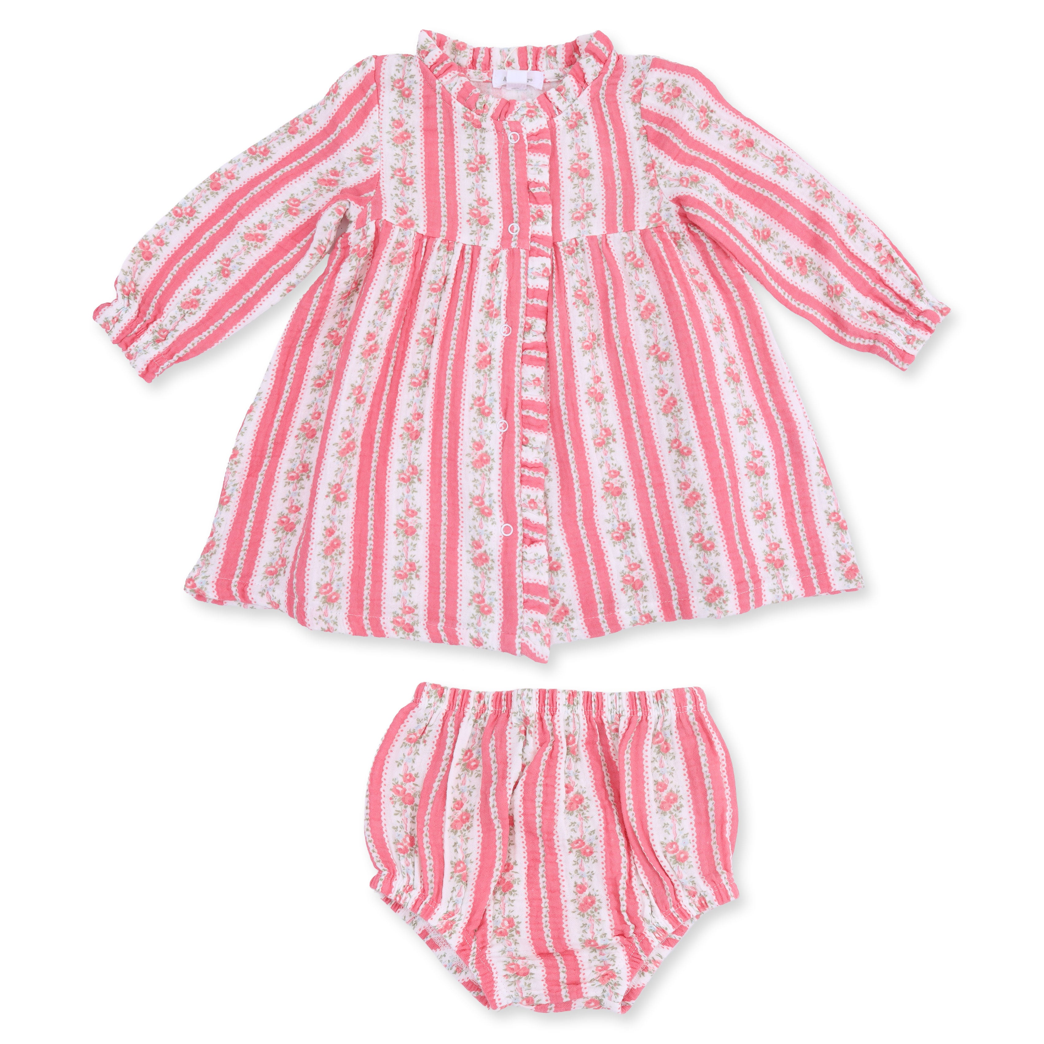 A two-piece baby outfit set consisting of a long-sleeve button-front dress and matching bloomers, both featuring vertical pink and white stripes with a small floral print, shown on a plain white background.