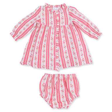 A two-piece baby outfit set consisting of a long-sleeve button-front dress and matching bloomers, both featuring vertical pink and white stripes with a small floral print, shown on a plain white background.