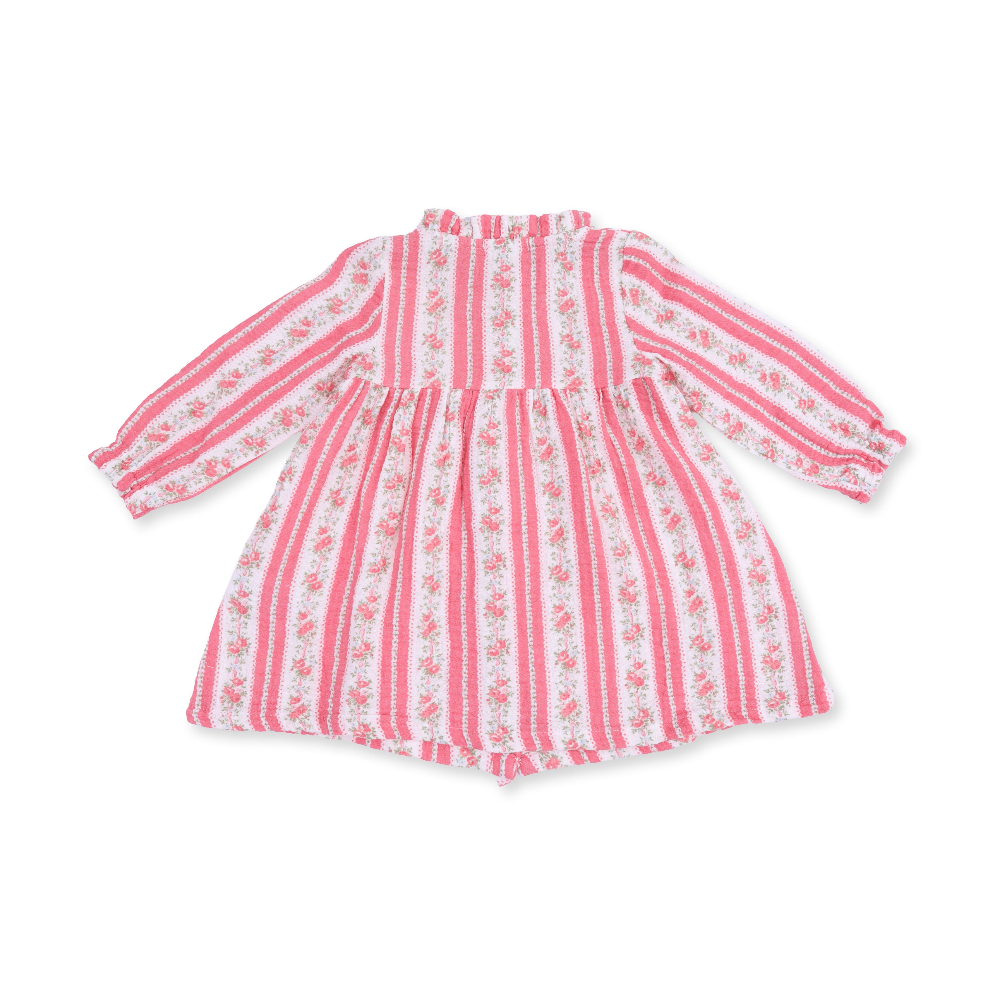 A long-sleeve baby dress with vertical pink and white stripes and small floral motifs, shown flat against a white background.
