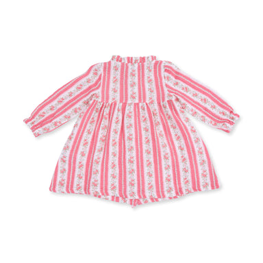 A long-sleeve baby dress with vertical pink and white stripes and small floral motifs, shown flat against a white background.