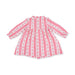 A long-sleeve baby dress with vertical pink and white stripes and small floral motifs, shown flat against a white background.