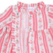 A close-up of a children's long-sleeve blouse with a ruffled collar and button-front closure. The fabric features vertical pink and white stripes with a delicate pink floral print and dotted borders.