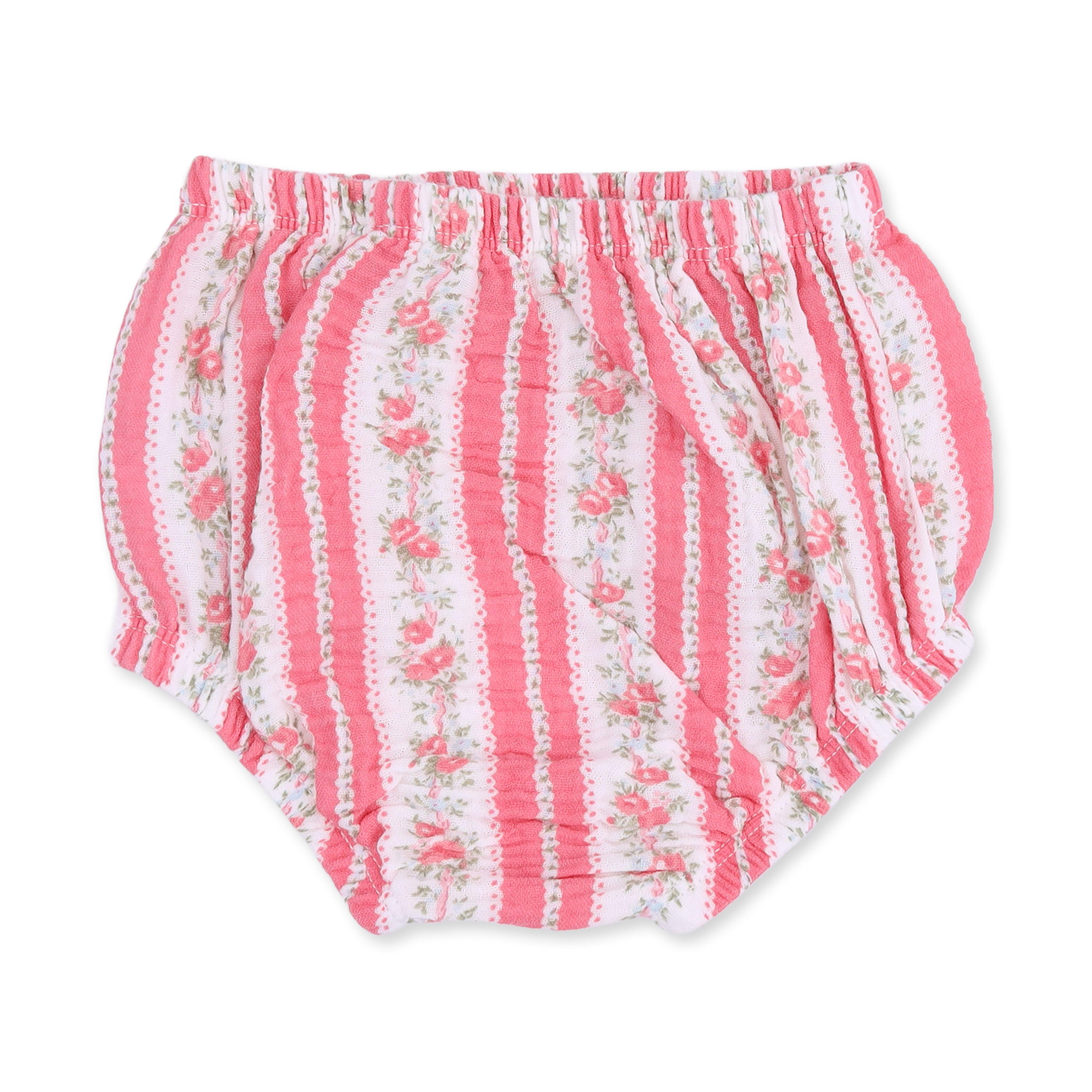 Pink and white striped bloomers with a delicate pink floral pattern, featuring an elastic waistband and leg openings.