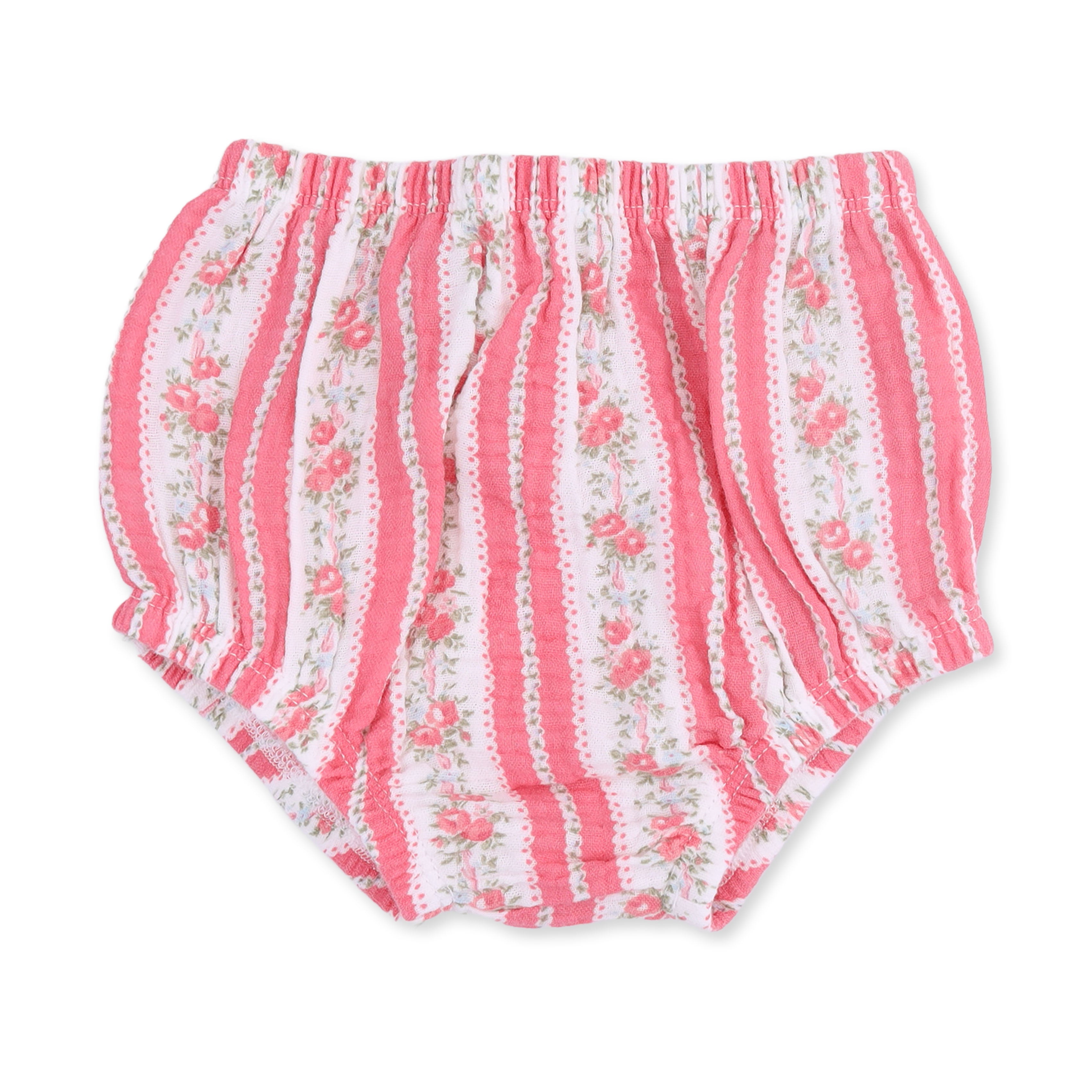 Pink and white striped bloomers with a delicate pink rose floral print, displayed flat against a white background.