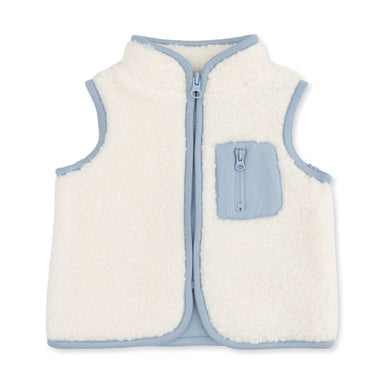 A sleeveless zip-up fleece vest in off-white with light blue trim and a matching zippered chest pocket, shown flat on a white background.