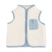 A sleeveless zip-up fleece vest in off-white with light blue trim and a matching zippered chest pocket, shown flat on a white background.
