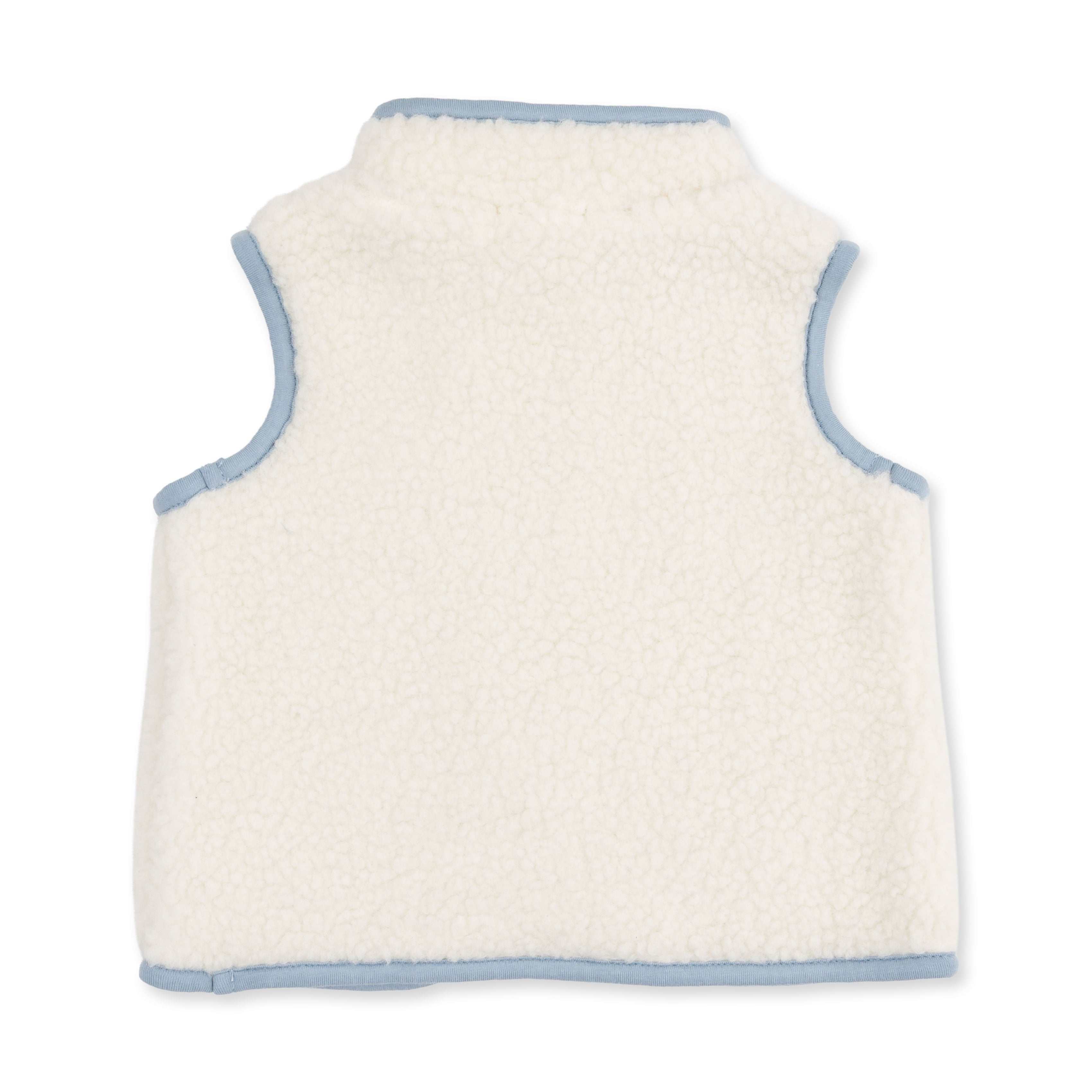 A sleeveless fleece vest in off-white with light blue trim, shown from the back on a plain white background.
