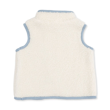 A sleeveless fleece vest in off-white with light blue trim, shown from the back on a plain white background.