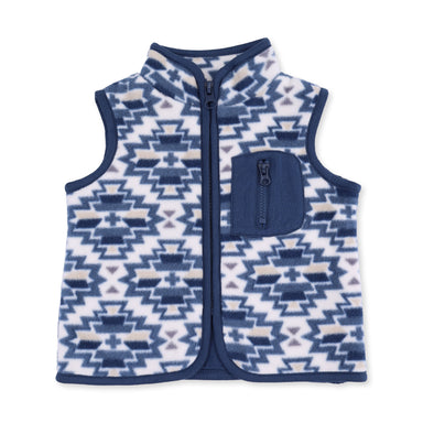 A sleeveless zip-front fleece vest with a geometric Southwestern pattern in navy blue, white, and light beige, featuring a solid navy blue chest pocket.