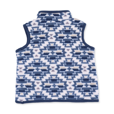 A sleeveless fleece vest with a geometric Southwestern pattern in navy blue, medium blue, and white, featuring solid navy trim.